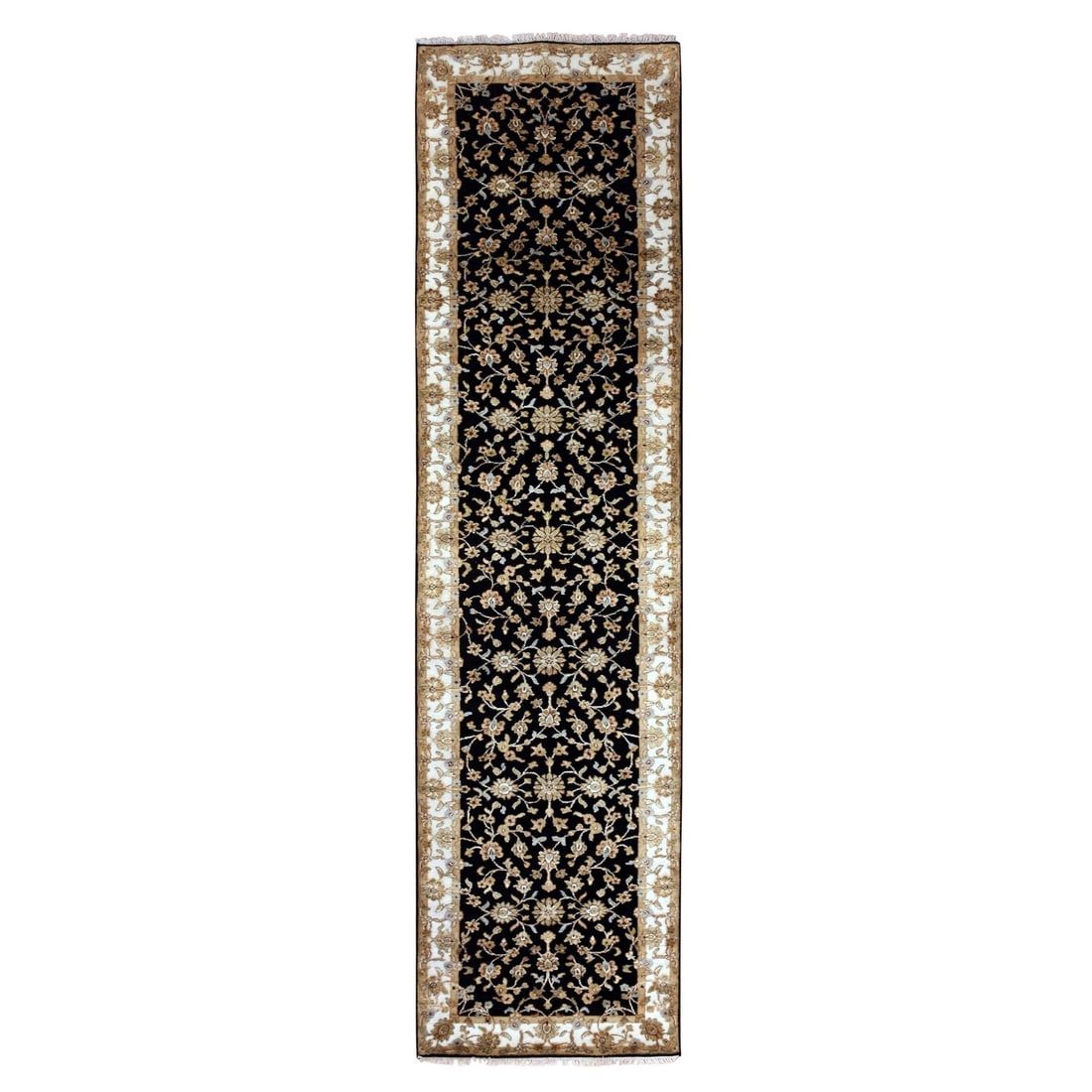 Caviar Silk Wool Hand Knotted Rajasthan Black 3'1"x12'2" Runner Rug: Caviar Silk Wool Hand Knotted Rajasthan Black 3'1"x12'2" Runner Rug Hand-knotted in traditional Rajasthan style, this stunning black wool runner rug boasts a classic flatweave design and elegant ivory