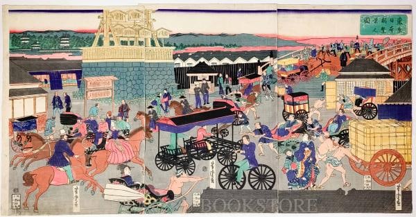 Print Woodblock Prosperity Nihonbashi Tokyo Triptych 1870 Utagawa Yoshitora (1 of 6)