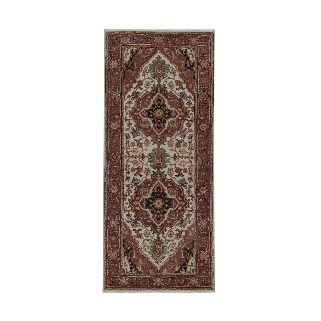 2'6"x6'2" Ivory Antiqued Fine Heris Hand Knotted New Zealand Wool Runner: 2'6"x6'2" Ivory Antiqued Fine Heris Hand Knotted New Zealand Wool Runner This beautiful ivory-colored Heris hand-knotted wool runner boasts a stunning medallion pattern and intricate design, crafted f