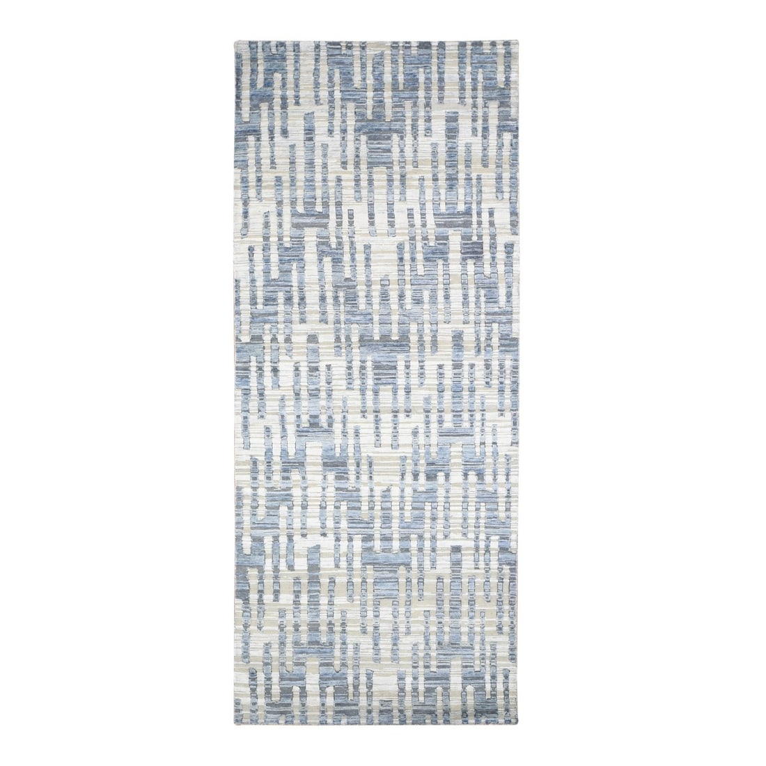 Silk Hand Knotted 4'x10'3" Gray Zigzag Wool Runner Rug: Silk Hand Knotted 4'x10'3" Gray Zigzag Wool Runner Rug Silk Hand Knotted 4'0" x 10'3" Gray Zigzag Wool Runner Rug - A stunning example of Oriental craftsmanship, this 4'0" x 10'3" gray zigzag wool run