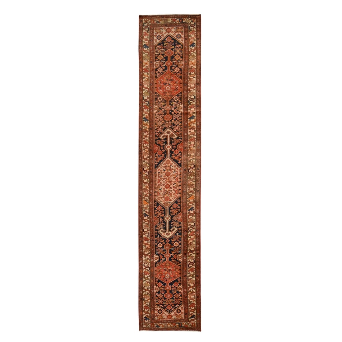 Blue Zoroastrian Hand Knotted Wool Runner Rug Blue with Red Antique 3'1"x16'3: Blue Zoroastrian Hand Knotted Wool Runner Rug Blue with Red Antique 3'1"x16'3 Hand-knotted wool runner rug from Turkey, circa 1930, features an intricate oriental design in a rich red field with taupe