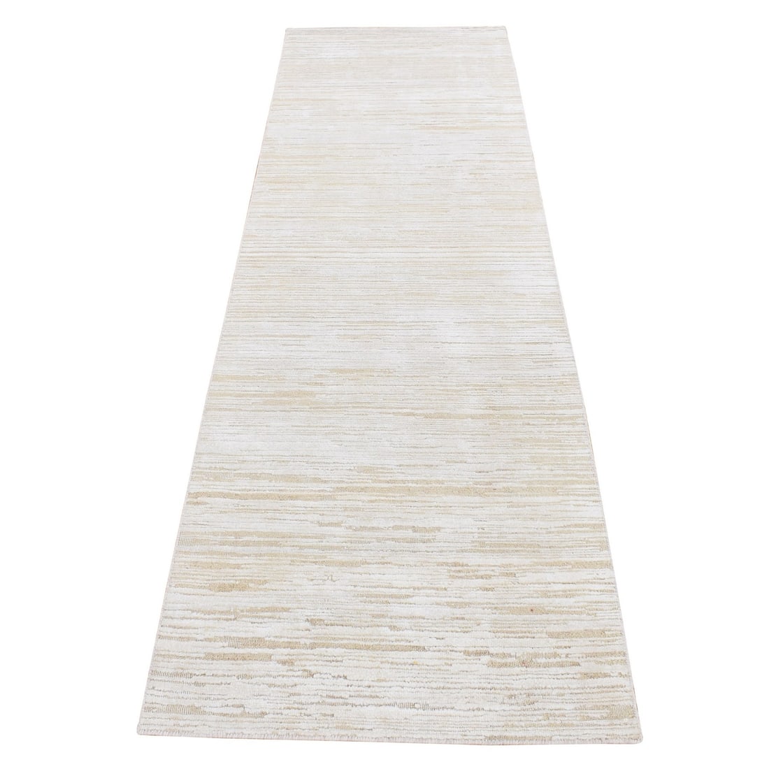 2'5"x8'3" Ivory Silk with Wool Striae Design Hand Knotted Runner Rug: 2'5"x8'3" Ivory Silk with Wool Striae Design Hand Knotted Runner Rug This stunning 2'5"x8'3" ivory silk with wool striae design hand knotted runner rug boasts a classic oriental style, featuring intri