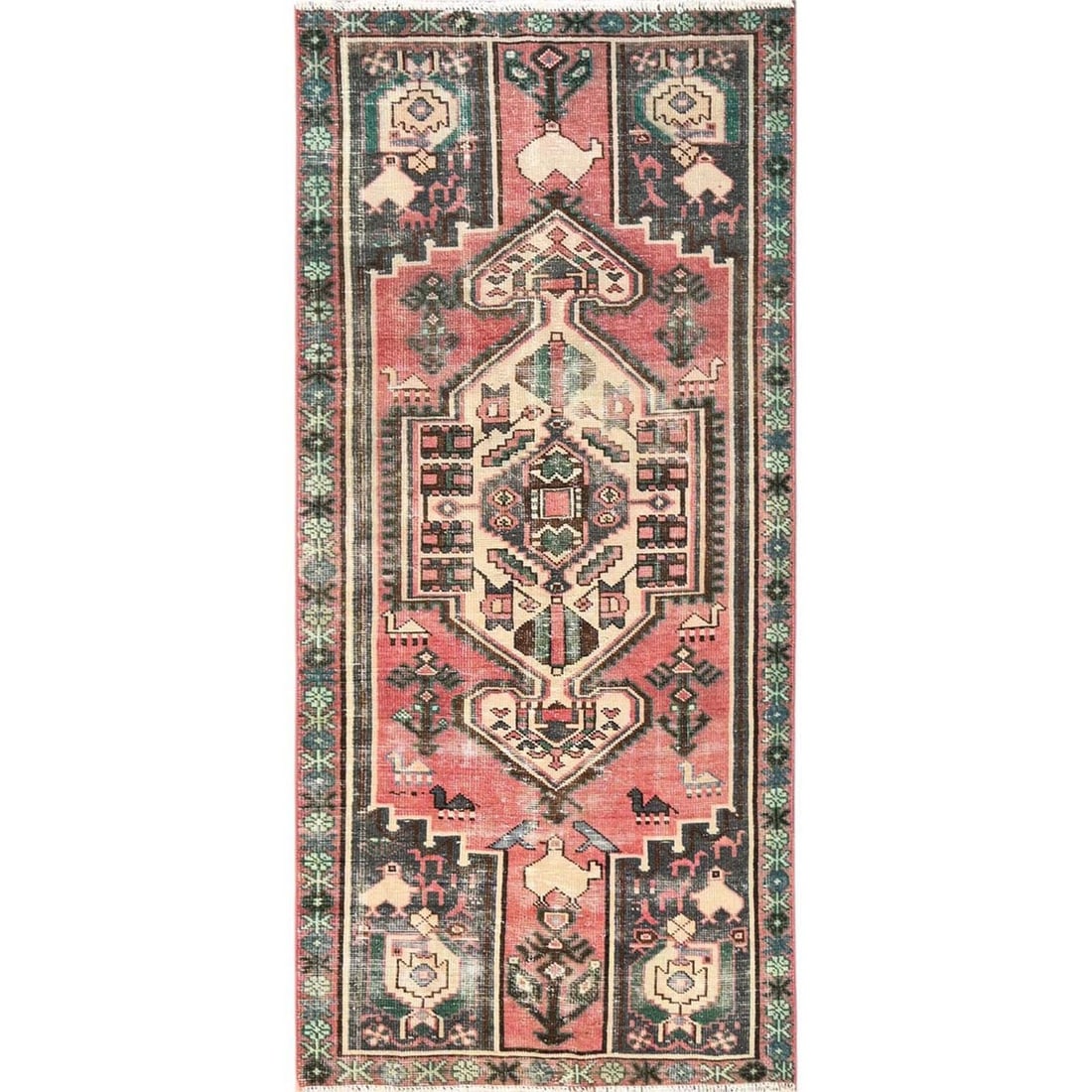 3'2"x6'8" Coral Pink Vintage Zoroastrian Khamadan Hand Knotted Wool Runner: 3'2"x6'8" Coral Pink Vintage Zoroastrian Khamadan Hand Knotted Wool Runner This stunning 3'2"x6'8" Coral Pink Vintage Zoroastrian Khamadan Hand Knotted Wool Runner boasts a striking medallion pattern 