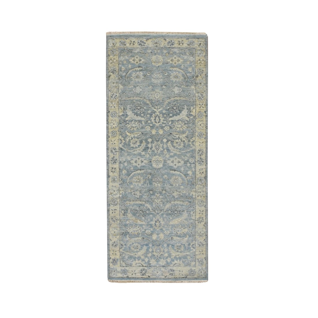2'5"x6'1" Blue Wool Sickle Leaf Design Hand Knotted Zero Pile Runner Rug: 2'5"x6'1" Blue Wool Sickle Leaf Design Hand Knotted Zero Pile Runner Rug Hand-knotted in wool, this 2'5"x6'1" Oushak-style runner rug boasts a stunning blue wool sickle leaf design that adds a touch o