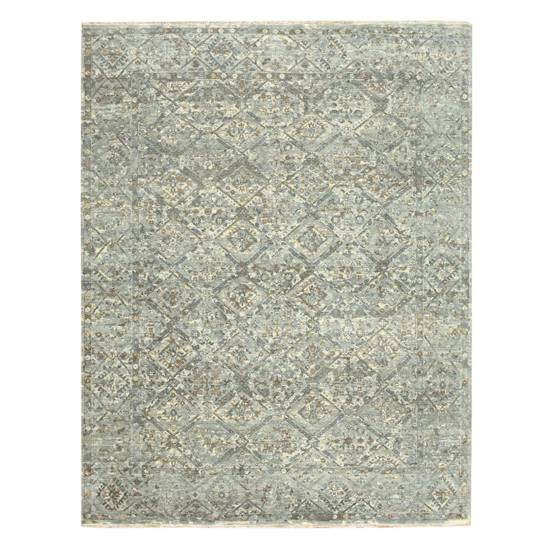 Rug 7'9"x10'1" Hand Knotted Gray Wool Garden Design: Rug 7'9"x10'1" Hand Knotted Gray Wool Garden Design Gray wool garden design rug, 7'9"x10'1" in size, features a hand-knotted all-over regional Oriental design on a rectangular field with a gray border
