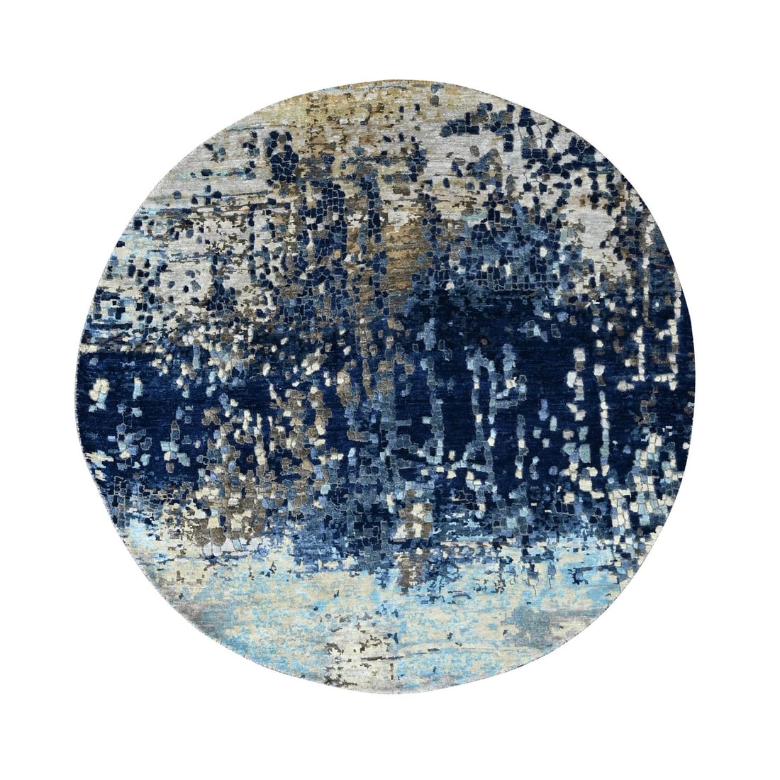 Prussian Blue Wool Silk Hand Knotted Mosaic Design Round Rug (1 of 8)