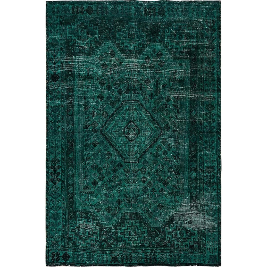 5'1"x7'10" Overdyed Green Vintage Zoroastrian Hand Knotted Pure Wool Rug: 5'1"x7'10" Overdyed Green Vintage Zoroastrian Hand Knotted Pure Wool Rug This stunning 5'1"x7'10" overdyed green vintage Zoroastrian hand knotted pure wool rug boasts a unique, rectangular field with 
