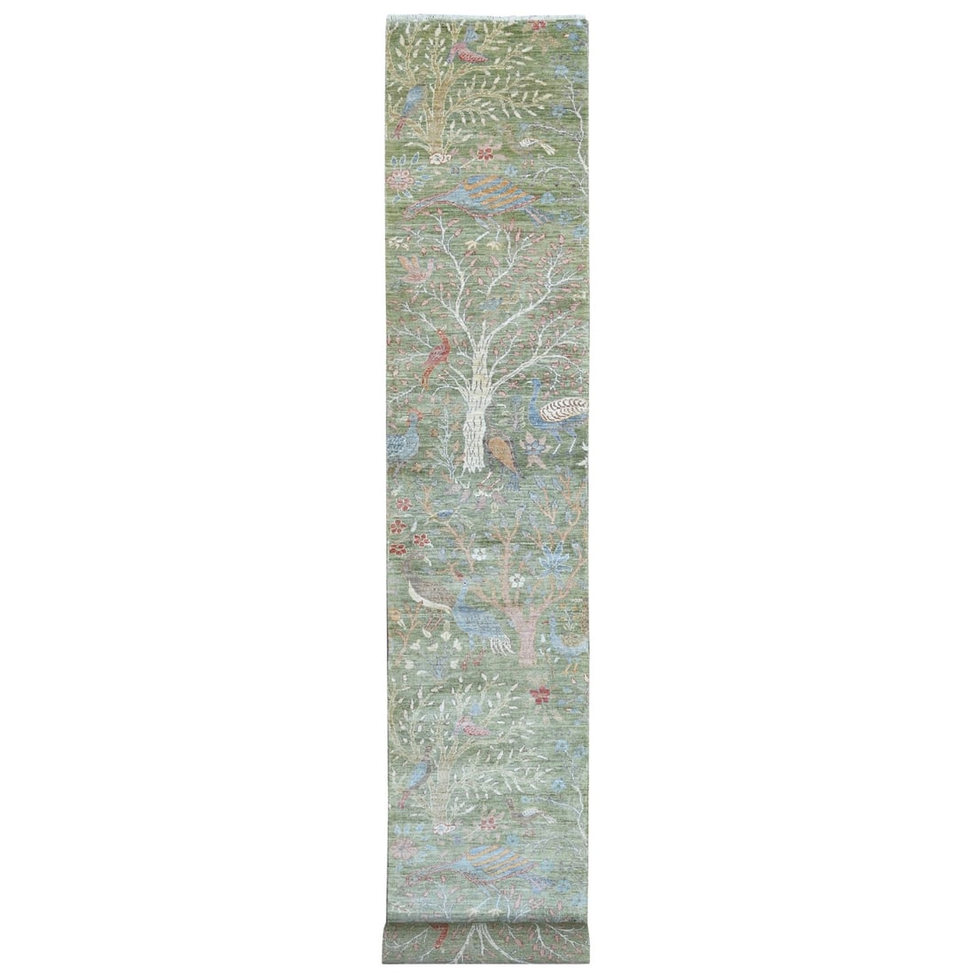 2'7"x17'7" Green Birds of Paradise Design Hand Knotted Wool Runner Rug: 2'7"x17'7" Green Birds of Paradise Design Hand Knotted Wool Runner Rug Hand-knotted in vibrant green wool, this 2'7"x17'7" Peshawar-style runner rug boasts an eye-catching birds of paradise design. Ma