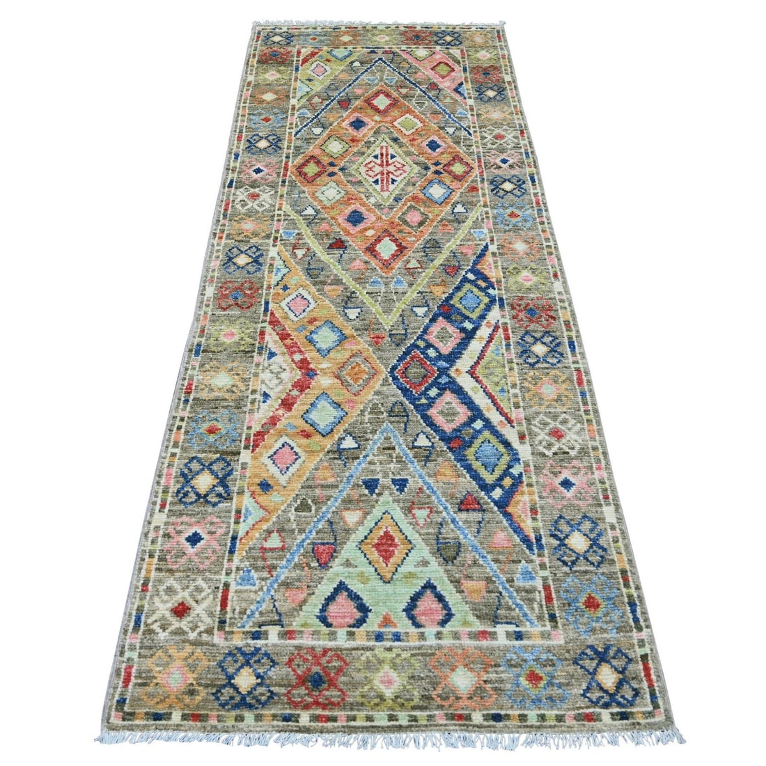 3'x7'10" Gray Anatolian Village Geometric Design Hand Knotted Wool Runner: 3'x7'10" Gray Anatolian Village Geometric Design Hand Knotted Wool Runner Gray Anatolian Village Geometric Design Hand Knotted Wool Runner, measuring 3'0" x 7'10", boasts a striking geometric pattern 