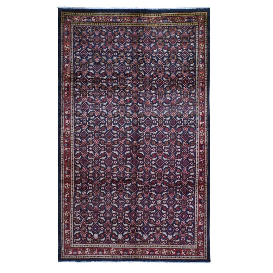 Hand knotted rug Farsian Mahal wool Herrita fish design 6'1"x10: Hand knotted rug Farsian Mahal wool Herrita fish design 6'1"x10 Hand-knotted in rich, dark wool, this stunning Farsian Mahal rug boasts a striking Herrita fish design that adds a touch of elegance to 