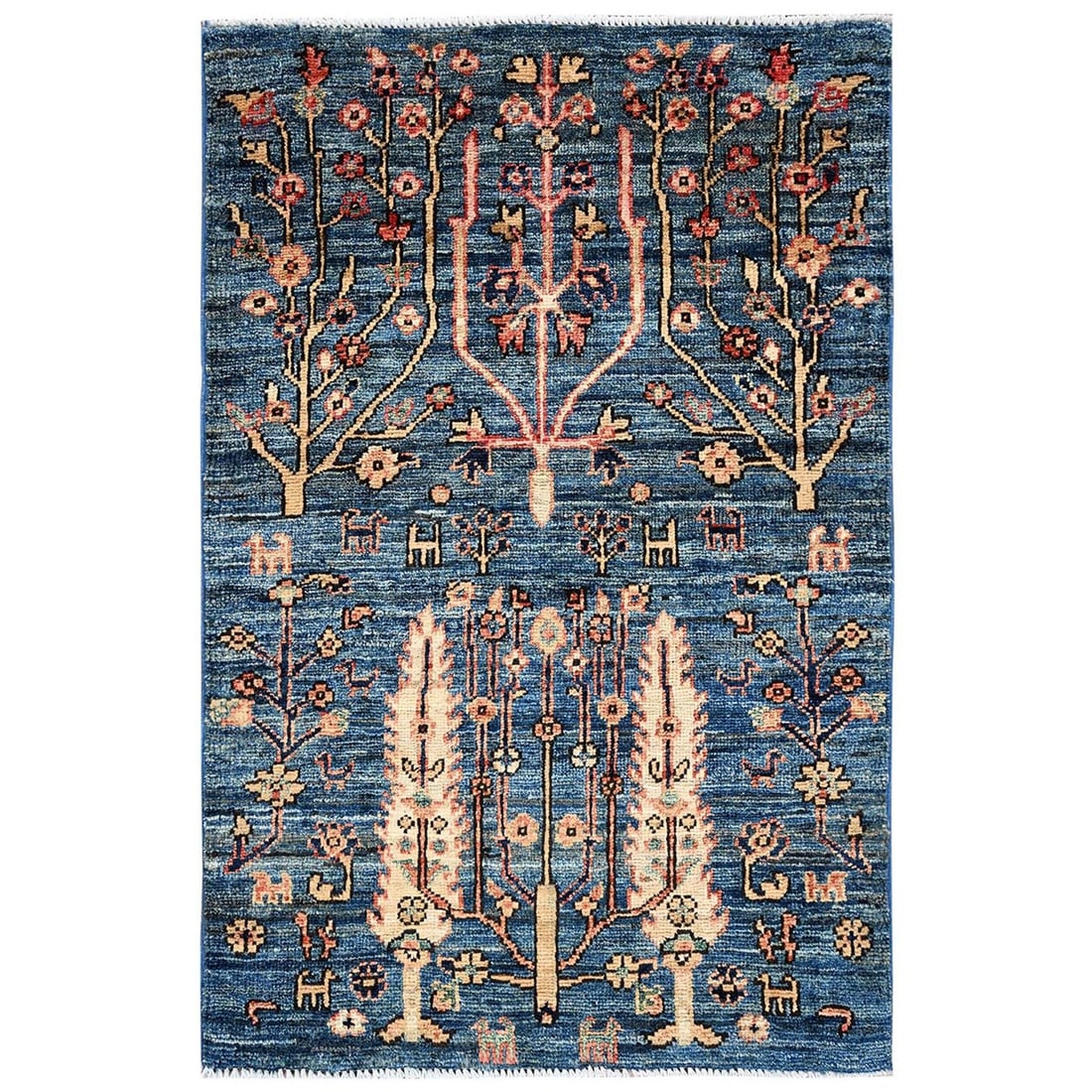 2'2"x3'3" Blue Tree Design with Animal Figurines Wool Hand Knotted Mat Rug: 2'2"x3'3" Blue Tree Design with Animal Figurines Wool Hand Knotted Mat Rug This stunning blue tree design wool hand-knotted mat rug features intricate animal figurines, showcasing the rich cultural he