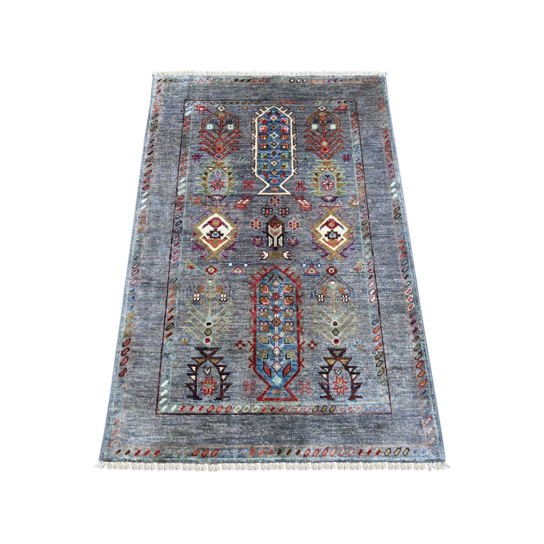 Afghan Super Kazak Hand Knotted Pure Wool Mat Rug 2'9"x4'2" Gray: Afghan Super Kazak Hand Knotted Pure Wool Mat Rug 2'9"x4'2" Gray The Afghan Super Kazak Hand Knotted Pure Wool Mat Rug boasts a stunning all-over regional design in a beautiful gray color. Made from 1