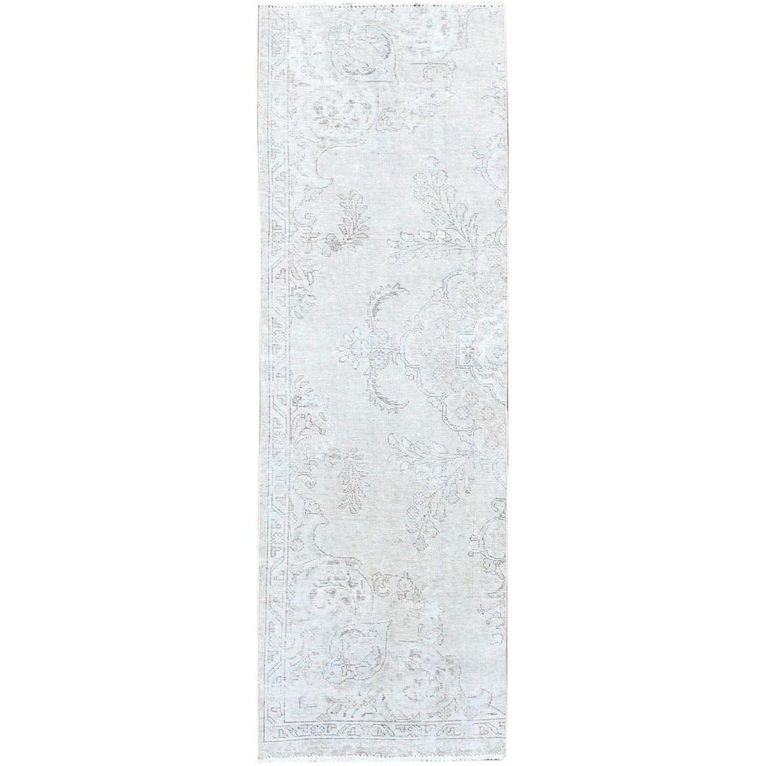 White Wool Vintage Pure 2'5"x7'6" Pure Fragment Tebraz Oriental Zoroastrian Rug: White Wool Vintage Pure 2'5"x7'6" Pure Fragment Tebraz Oriental Zoroastrian Rug Hand-knotted in wool, this 2'5"x7'6" Zoroastrian runner features a stunning ivory field with intricate oriental design, 