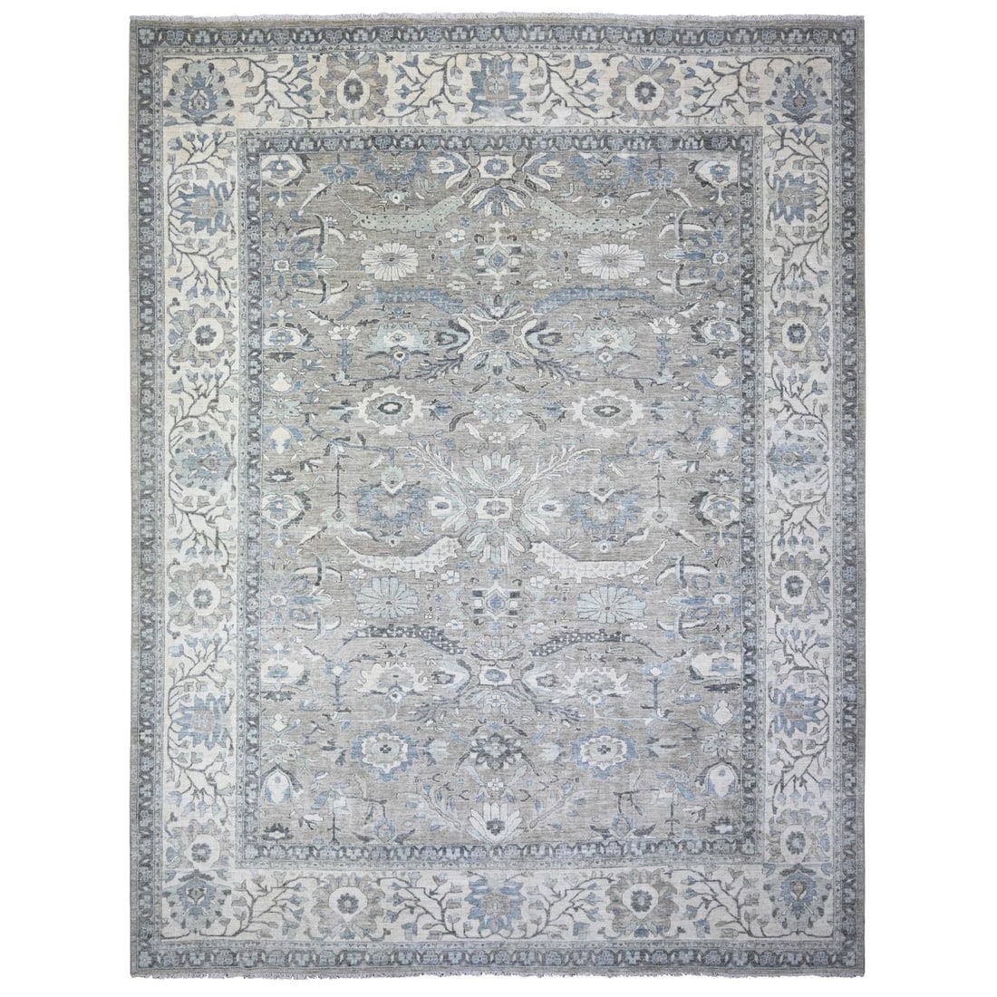 11'6"x15' Mineral Deposit Gray Sickle Leaf Design Pure Wool Oversized Rug: 11'6"x15' Mineral Deposit Gray Sickle Leaf Design Pure Wool Oversized Rug Oversized and intricately designed, this 11'6"x15' Mineral Deposit Gray Sickle Leaf Design Pure Wool rug boasts a striking gre