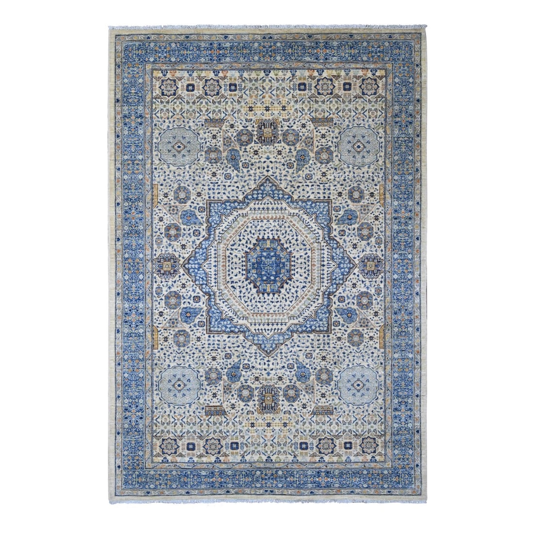 5'10"x8'8" White Mamluk Dynasty Pattern Star Design Hand Knotted Wool Rug: 5'10"x8'8" White Mamluk Dynasty Pattern Star Design Hand Knotted Wool Rug This stunning 5'10"x8'8" White Mamluk Dynasty Pattern Star Design Hand Knotted Wool Rug boasts a striking medallion design in 