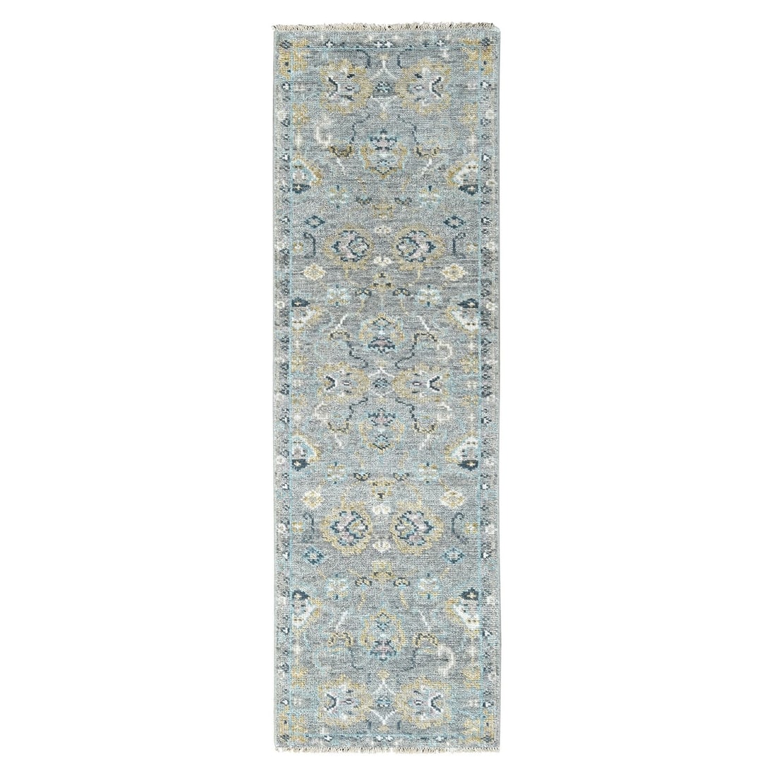 2'7"x8'5" Fossil Gray Oushak Design Hand Knotted Pure Wool Runner Rug: 2'7"x8'5" Fossil Gray Oushak Design Hand Knotted Pure Wool Runner Rug The 2'7"x8'5" Fossil Gray Oushak Design Hand Knotted Pure Wool Runner Rug is a stunning piece of hand-knotted craftsmanship, boast
