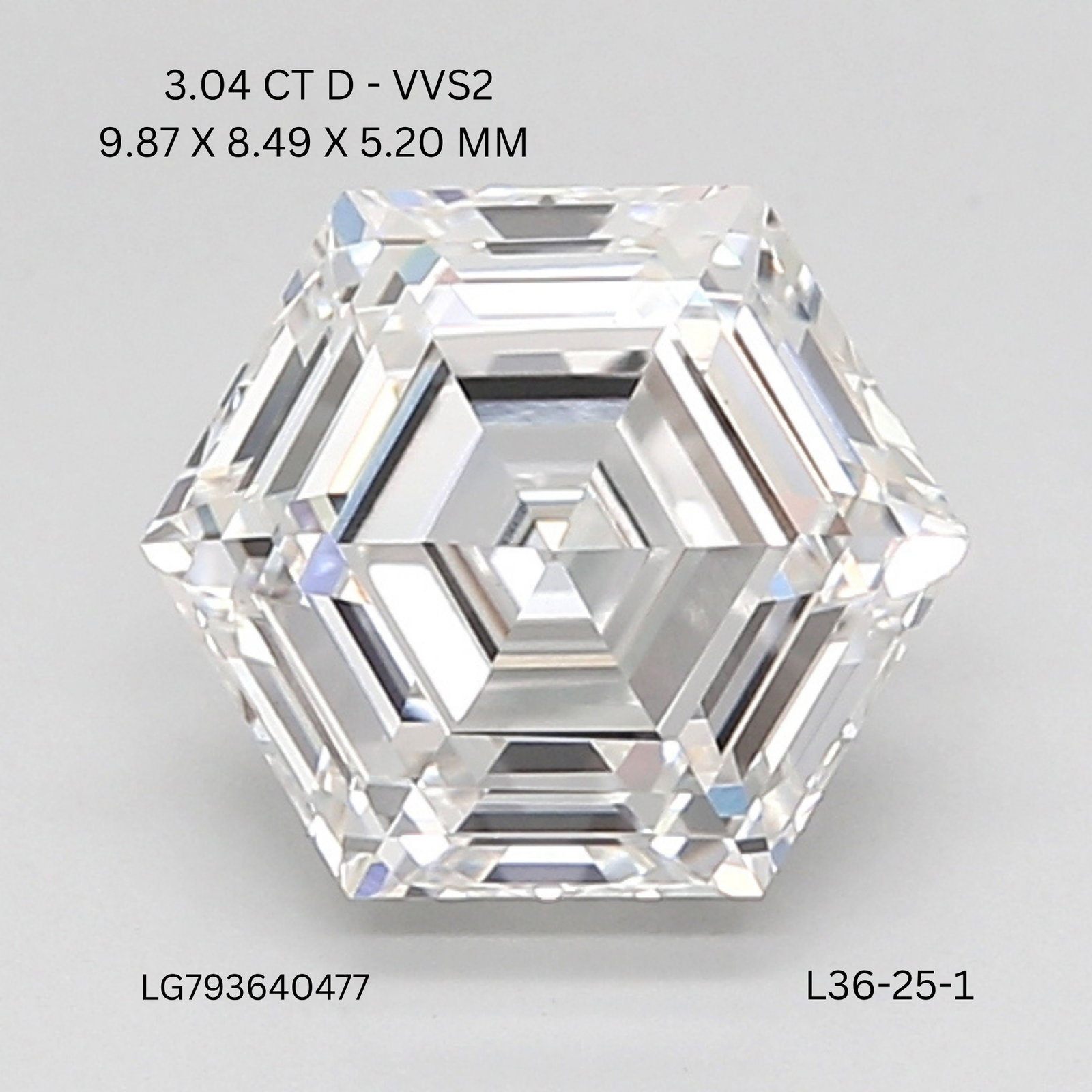 IGI Hexagonal 3.04ct D VVS2 - Loose Lab Diamond: IGI Hexagonal 3.04ct D VVS2 - Loose Lab Diamond Item Specifics: Source: This Is A Real Diamond Grown In A Lab Not Mined. Carat: 3.04 Cut: - Color: D Clarity: VVS2 Polish: EX Symmetry: EX Measurements: