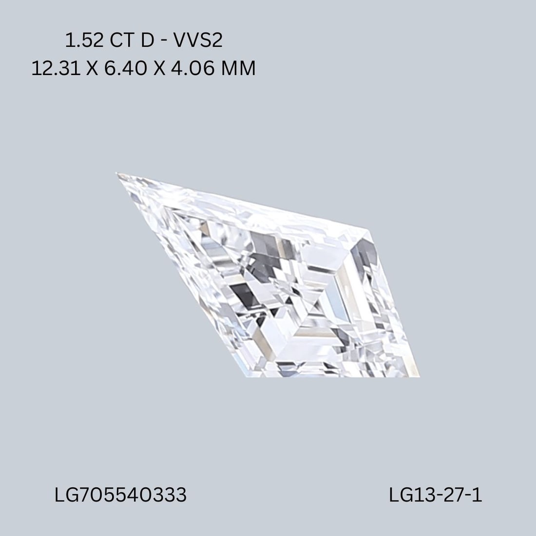 IGI Kite 1.52ct D VVS2 - Loose Lab Diamond: IGI Kite 1.52ct D VVS2 - Loose Lab Diamond Item Specifics: Source: This Is A Real Diamond Grown In A Lab Not Mined. Carat: 1.52 Cut: - Color: D Clarity: VVS2 Polish: EX Symmetry: EX Measurements: 12.3