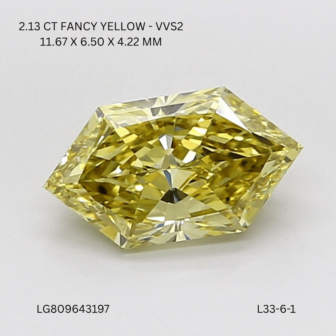 IGI Hexagonal 2.13ct Fancy Intense Yellow VVS2 - Loose Lab Diamond: IGI Hexagonal 2.13ct Fancy Intense Yellow VVS2 - Loose Lab Diamond Item Specifics: Source: This Is A Real Diamond Grown In A Lab Not Mined. Carat: 2.13 Cut: - Color: Fancy Intense Yellow Clarity: VVS2