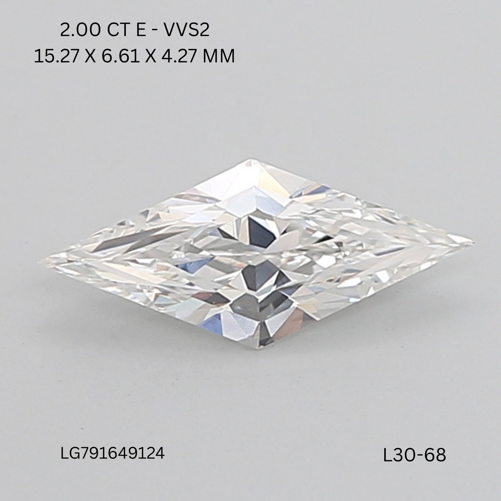 IGI Lozenge 2.0ct E VVS2 - Loose Lab Diamond: IGI Lozenge 2.0ct E VVS2 - Loose Lab Diamond Item Specifics: Source: This Is A Real Diamond Grown In A Lab Not Mined. Carat: 2.0 Cut: - Color: E Clarity: VVS2 Polish: EX Symmetry: EX Measurements: 15.