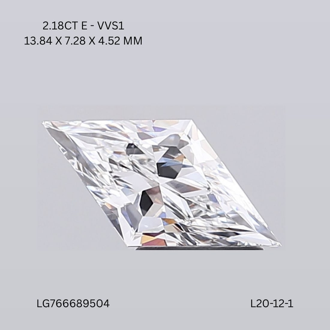 IGI Lozenge 2.18ct E VVS1 - Loose Lab Diamond: IGI Lozenge 2.18ct E VVS1 - Loose Lab Diamond Item Specifics: Source: This Is A Real Diamond Grown In A Lab Not Mined. Carat: 2.18 Cut: - Color: E Clarity: VVS1 Polish: EX Symmetry: EX Measurements: 1
