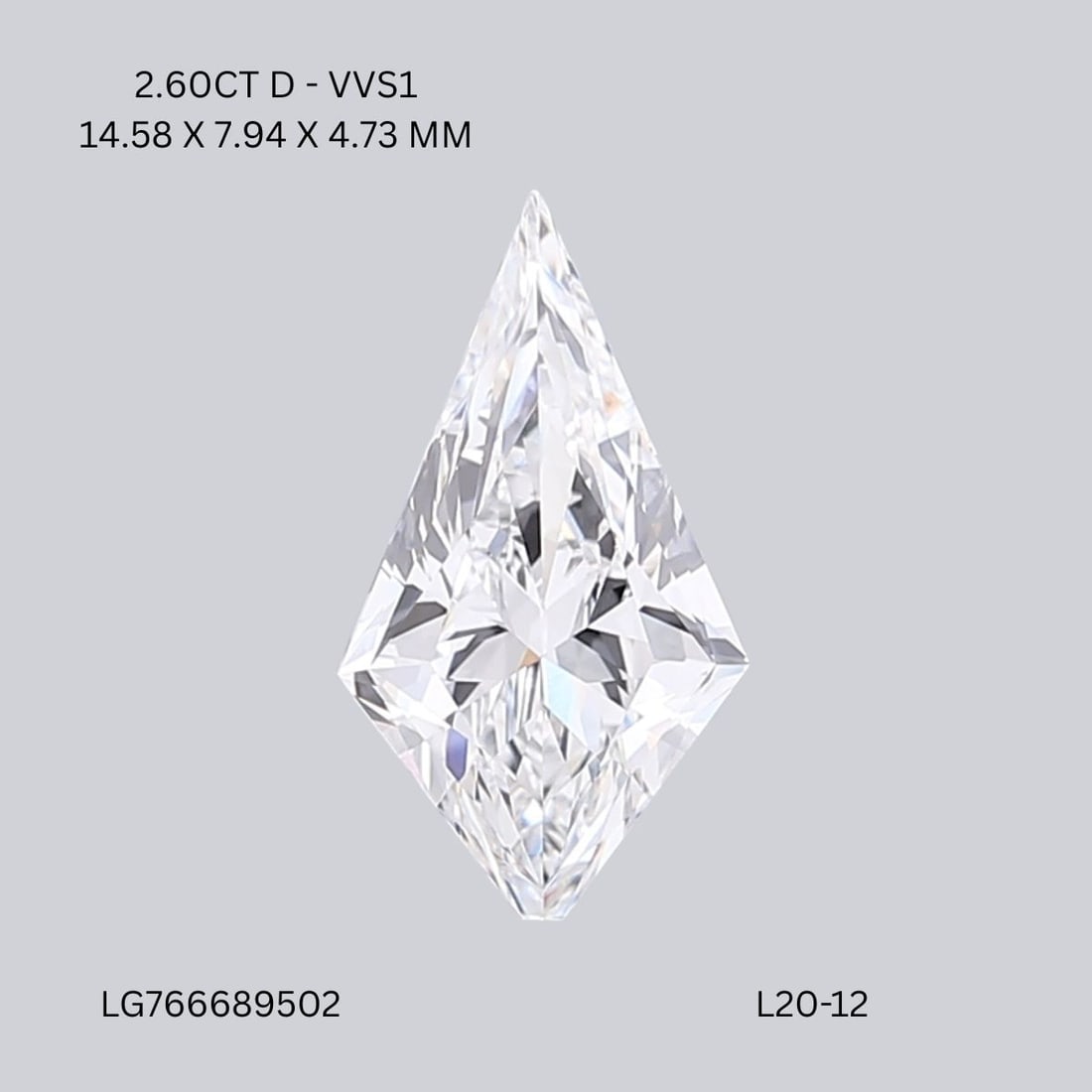 IGI Kite 2.6ct D VVS1 - Loose Lab Diamond: IGI Kite 2.6ct D VVS1 - Loose Lab Diamond Item Specifics: Source: This Is A Real Diamond Grown In A Lab Not Mined. Carat: 2.6 Cut: - Color: D Clarity: VVS1 Polish: EX Symmetry: EX Measurements: 14.58L
