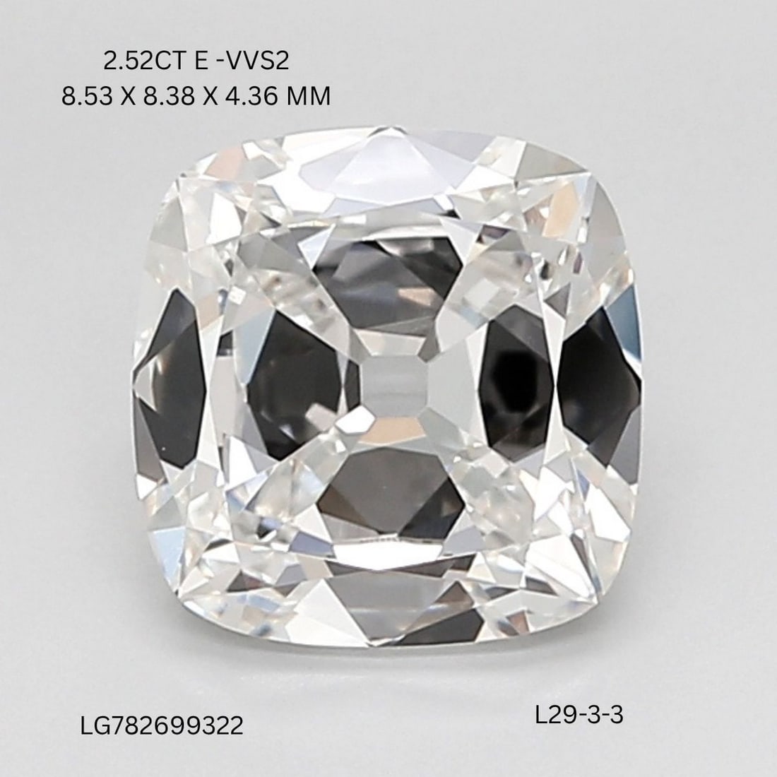IGI Cushion Modified 2.52ct E VVS2 - Loose Lab Diamond: IGI Cushion Modified 2.52ct E VVS2 - Loose Lab Diamond Item Specifics: Source: This Is A Real Diamond Grown In A Lab Not Mined. Carat: 2.52 Cut: - Color: E Clarity: VVS2 Polish: EX Symmetry: EX Measur