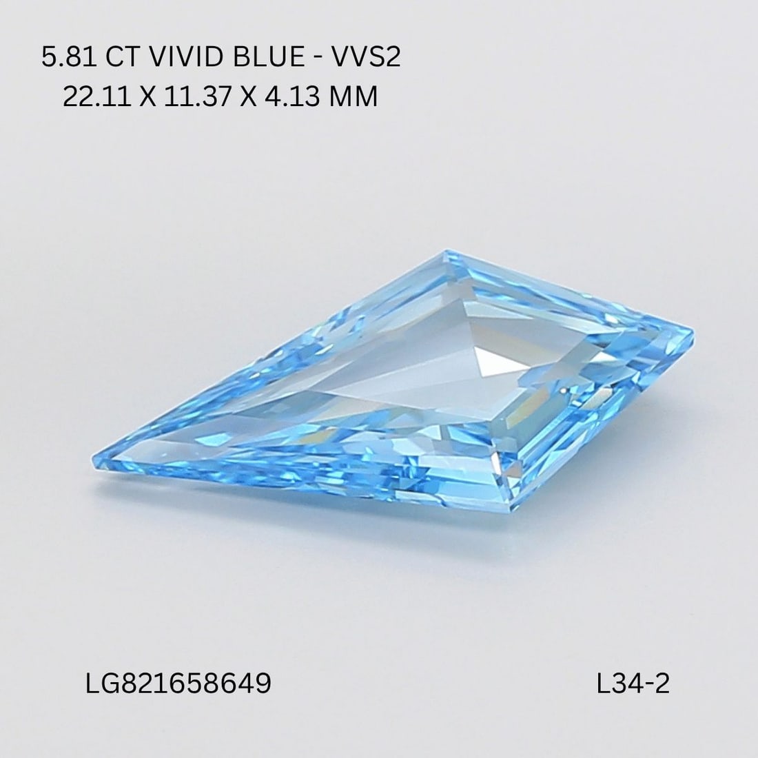 IGI Kite 5.81ct Fancy Vivid Blue VVS2 - Loose Lab Diamond: IGI Kite 5.81ct Fancy Vivid Blue VVS2 - Loose Lab Diamond Item Specifics: Source: This Is A Real Diamond Grown In A Lab Not Mined. Carat: 5.81 Cut: - Color: Fancy Vivid Blue Clarity: VVS2 Polish: EX S