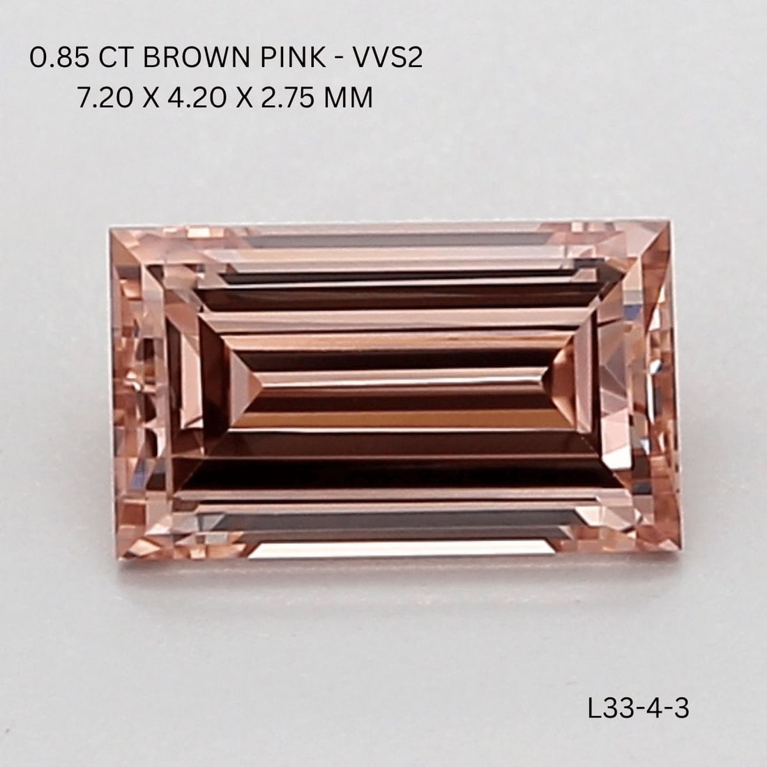 Baguette 0.85ct Pink VVS2 - Loose Lab Diamond: Baguette 0.85ct Pink VVS2 - Loose Lab Diamond Item Specifics: Source: This Is A Real Diamond Grown In A Lab Not Mined. Carat: 0.85 Cut: - Color: Pink Clarity: VVS2 Polish: VG Symmetry: VG Measurements