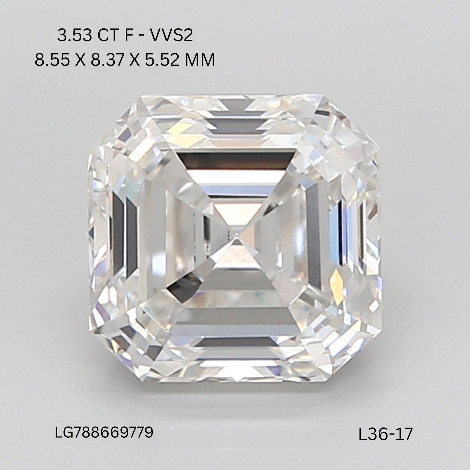 IGI Asscher 3.53ct F VVS2 - Loose Lab Diamond: IGI Asscher 3.53ct F VVS2 - Loose Lab Diamond Item Specifics: Source: This Is A Real Diamond Grown In A Lab Not Mined. Carat: 3.53 Cut: - Color: F Clarity: VVS2 Polish: EX Symmetry: EX Measurements: 8