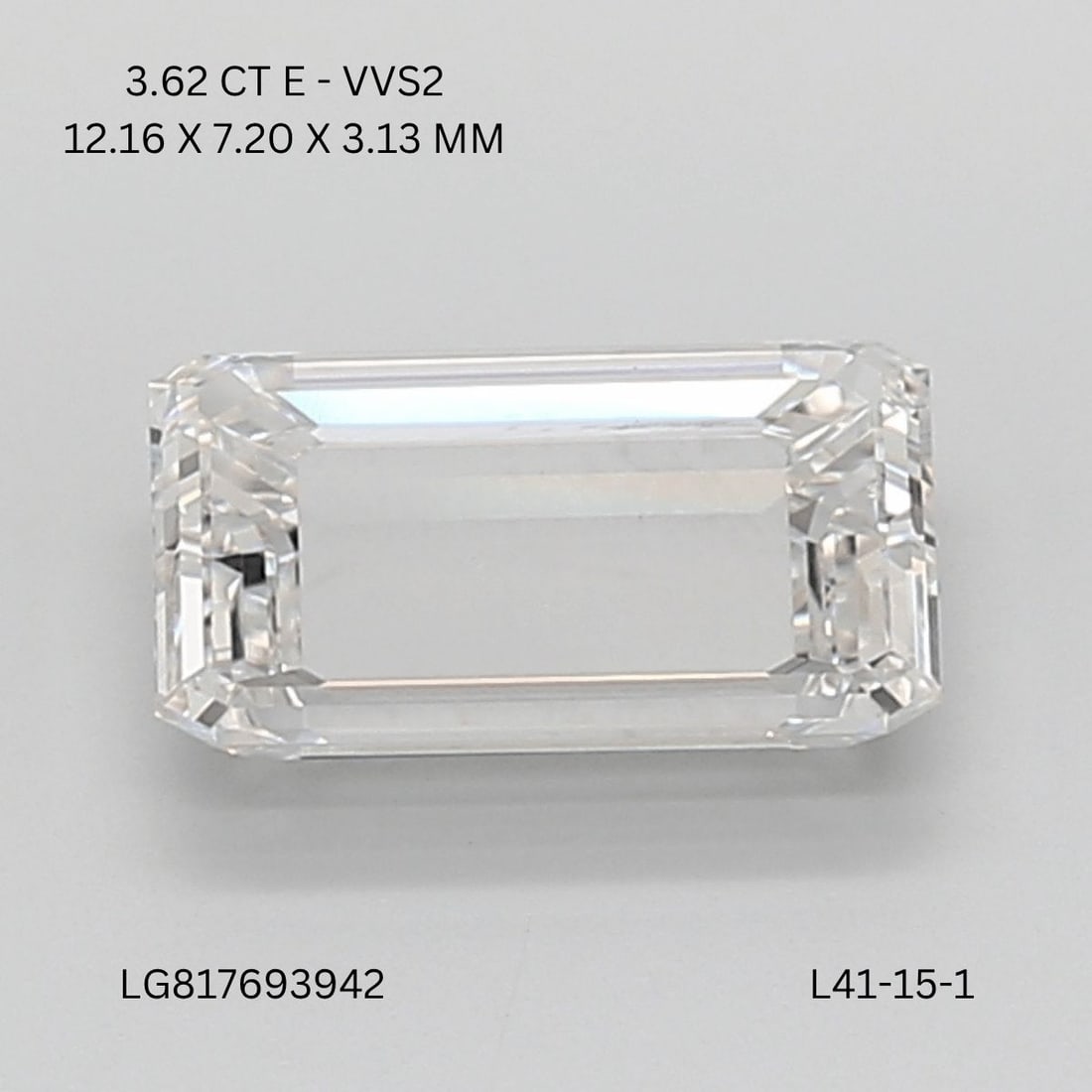 IGI Emerald 3.62ct E VVS2 - Loose Lab Diamond: IGI Emerald 3.62ct E VVS2 - Loose Lab Diamond Item Specifics: Source: This Is A Real Diamond Grown In A Lab Not Mined. Carat: 3.62 Cut: - Color: E Clarity: VVS2 Polish: EX Symmetry: EX Measurements: 1