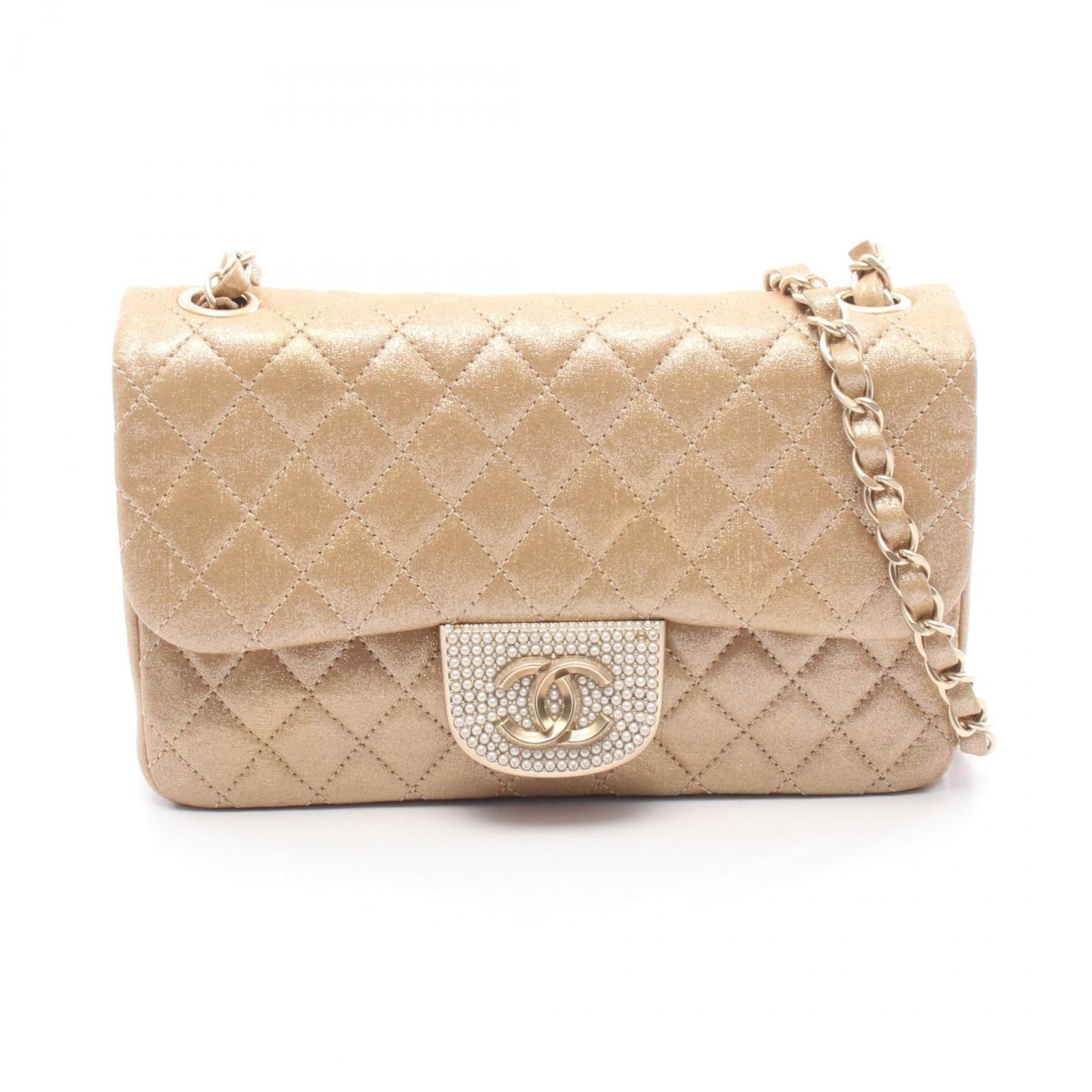 Shoulder Bag Handbag Fabric Leather Chanel: Shoulder Bag Handbag Fabric Leather Chanel This exquisite Chanel shoulder bag features a luxurious lambskin exterior in beige, gold, and gold brown hues, showcasing the iconic brand's signature