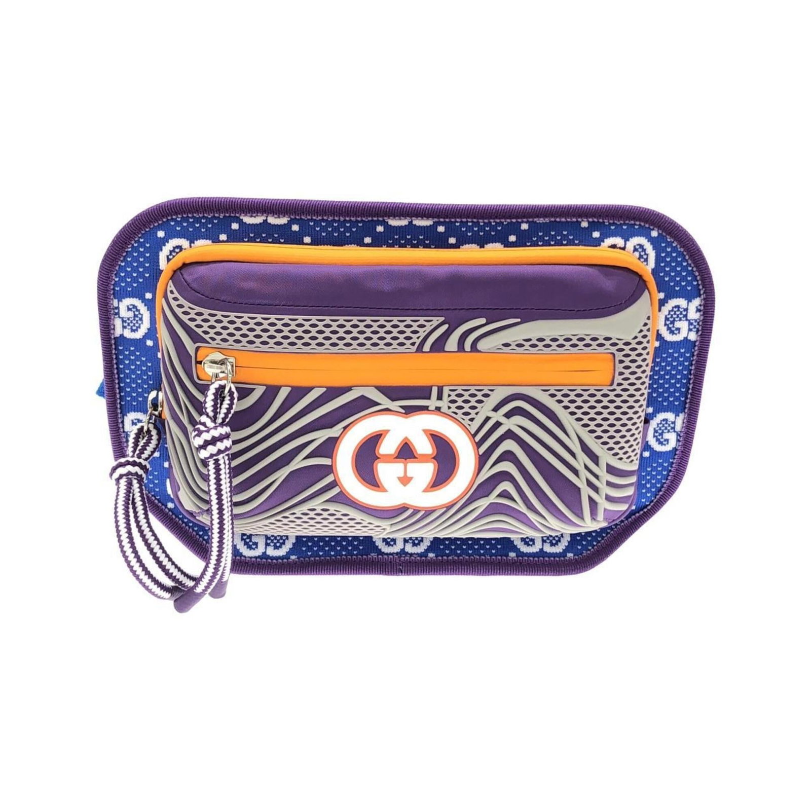 Rubber Canvas Nylon Gucci Bag Shoulder: Rubber Canvas Nylon Gucci Bag Shoulder The Gucci MPN 752102 shoulder bag features a unique blend of nylon, rubber, and canvas materials, with a striking blue and silver color combination. Measuring 17