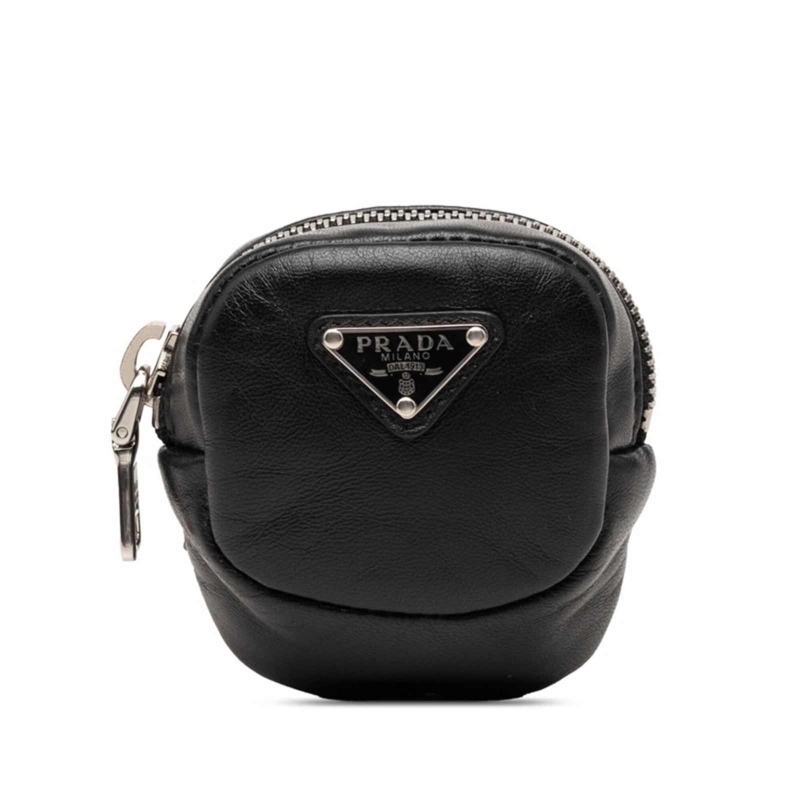 Pouch Handbag Leather Prada: Pouch Handbag Leather Prada Black leather Prada pouch handbag with precise measurements of 8cm x 6.5cm x 4cm. This sleek and compact design showcases the luxurious feel of high-quality leather,