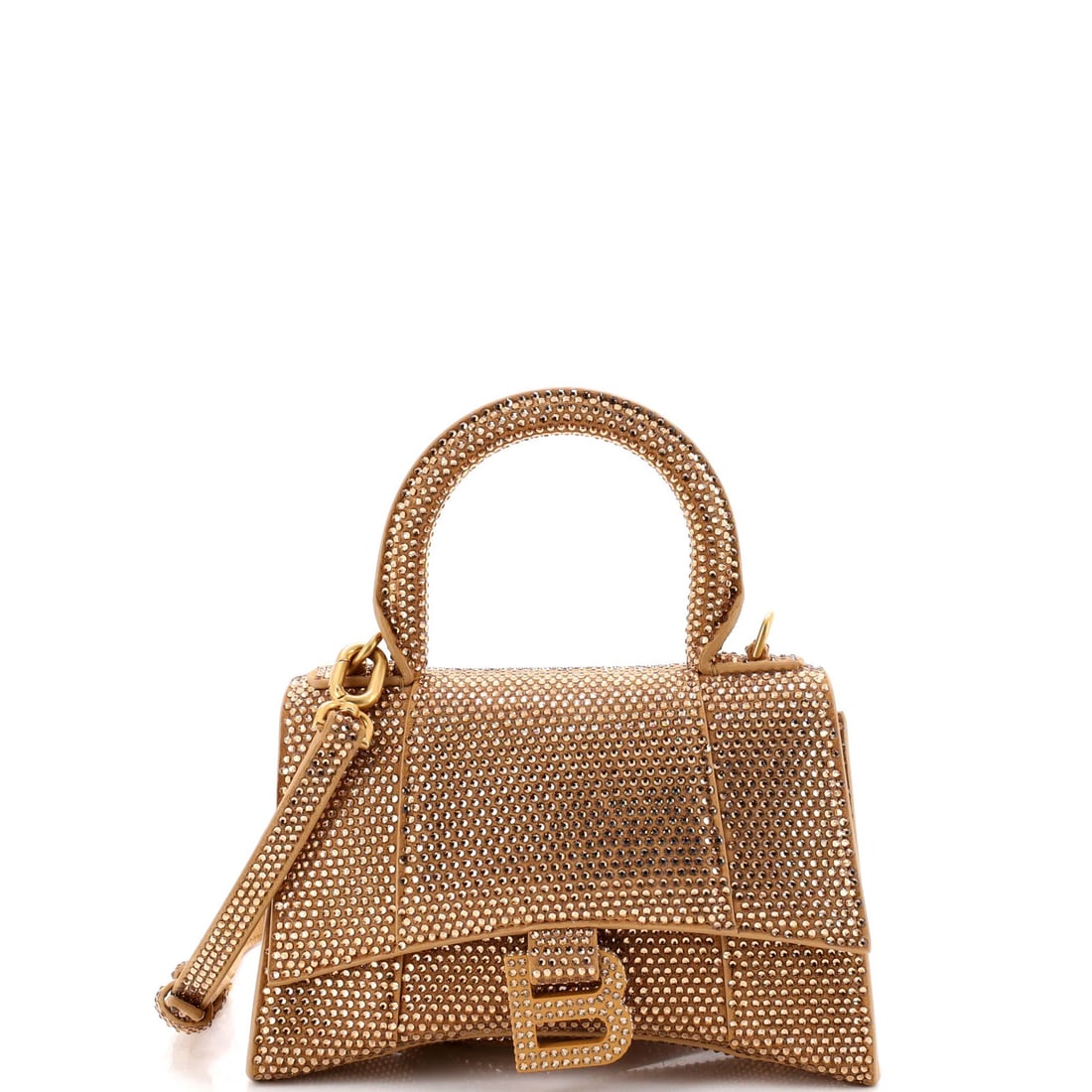 Balenciaga Hourglass Top Handle Bag Suede with Crystals XS: Balenciaga Hourglass Top Handle Bag Suede with Crystals XS Balenciaga's Hourglass Top Handle Bag is a stunning gold crystal suede cross body bag with a sleek, sophisticated design. Measuring 5" in