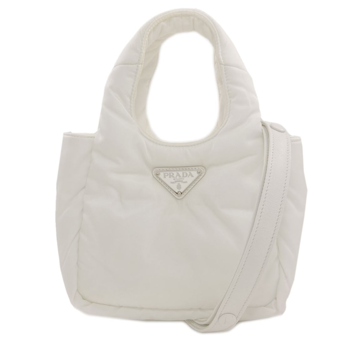 Handbag Nylon 2Way Logo Hardware Prada: Handbag Nylon 2Way Logo Hardware Prada White nylon handbag with 2-way logo hardware, bearing a signature. Made from high-quality nylon, this handbag features a sleek design with a signature logo.