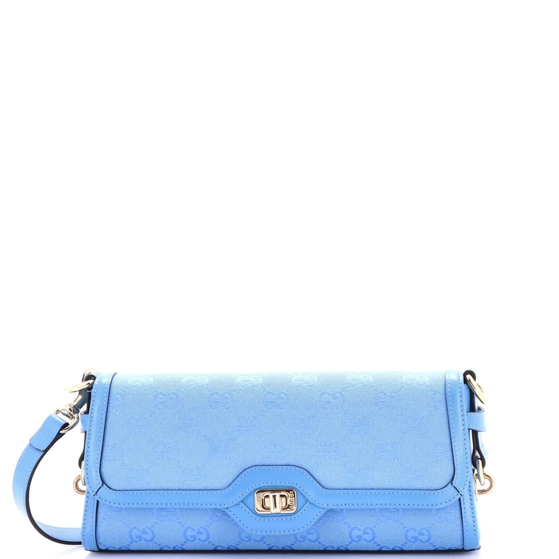 Gucci Small Canvas Luce Shoulder Bag: Gucci Small Canvas Luce Shoulder Bag The Gucci Small Canvas Luce Shoulder Bag boasts a stylish blue canvas exterior with silver hardware, adding a touch of sophistication to any outfit. Measuring 5" t