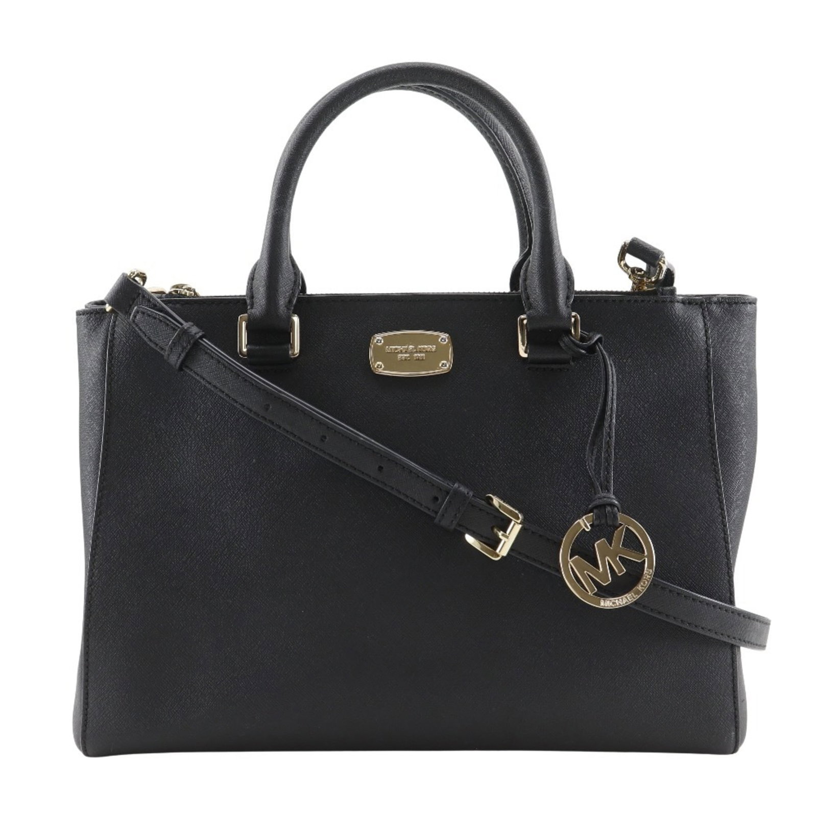 Michael Kors Leather Handbag: Michael Kors Leather Handbag Black leather handbag from Michael Kors, featuring a sleek design with a 22cm x 31.5cm x 13cm size, accompanied by a dust bag and adjustable shoulder strap. This stylish a