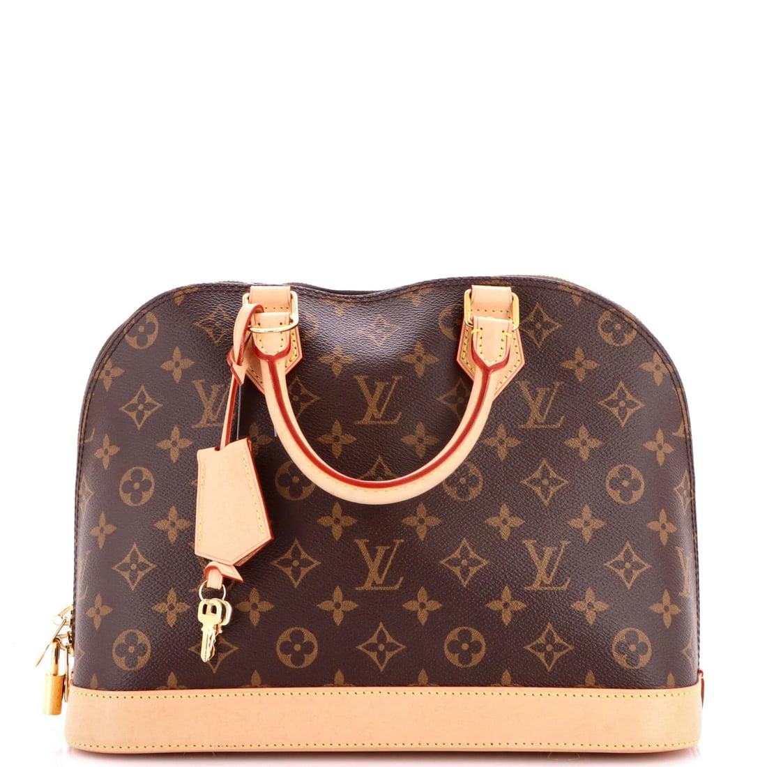Monogram Canvas Alma Handbag Louis Vuitton PM: Monogram Canvas Alma Handbag Louis Vuitton PM Brown Monogram Canvas Alma Handbag PM from Louis Vuitton, featuring a classic top handle design with scuffs and edge wear, measures 9" high, 12" wide, and