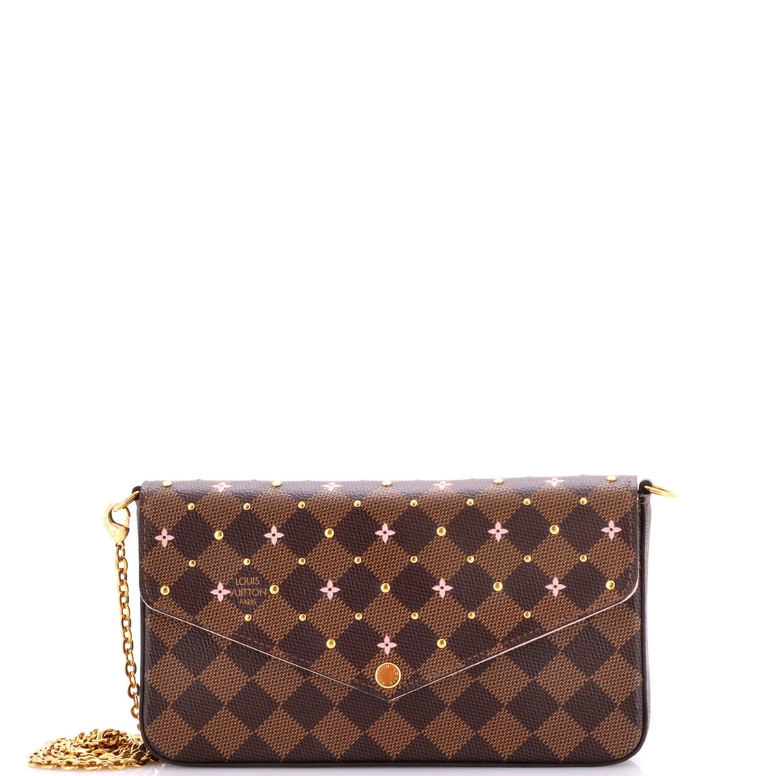 Vuitton Louis Felicie Printed Flower Studded Damier Pochette: Vuitton Louis Felicie Printed Flower Studded Damier Pochette Brown canvas coated Louis Vuitton Felicie Pochette with a flower printed studded Damier exterior, minor creases and edge wear, and a pink