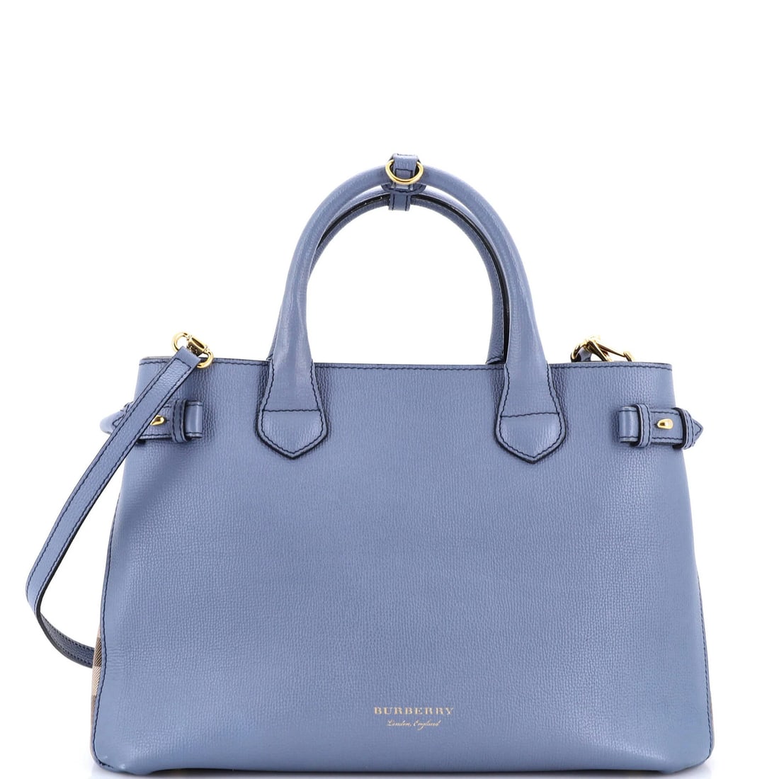 Leather House Canvas Medium Burberry Tote Banner: Leather House Canvas Medium Burberry Tote Banner Canvas and leather combine in this Medium Burberry Tote Banner, featuring a blue and brown exterior with a gold poignet strap. The bag measures 4"