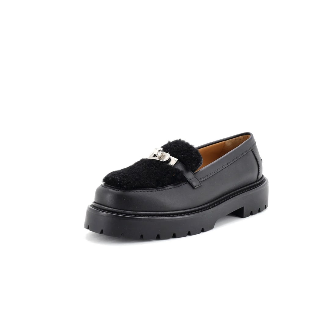Shearling Leather Loafers Women's Icone Hermes: Shearling Leather Loafers Women's Icone Hermes Shearling Leather Loafers Women's Icone Hermes - Exquisite Black Leather Shoes with Shearling Exterior. This excellent condition pair features a neutral