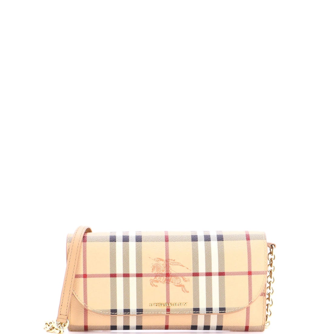 Burberry Henley Wallet Coated on Haymarket Canvas: Burberry Henley Wallet Coated on Haymarket Canvas The Burberry Henley Wallet on Chain Haymarket Coated Canvas features a classic design with a brown canvas exterior and gold tone hardware. This