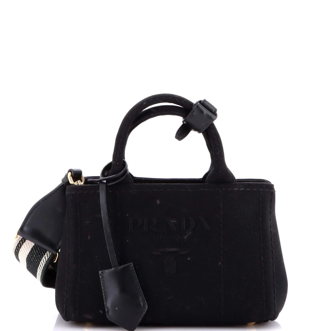 Logo Tote Prada Mini Canvas Jardiniere: Logo Tote Prada Mini Canvas Jardiniere Black canvas mini Prada logo jardiniere tote with gold hardware, featuring a classic design and subtle edge wear. The exterior measures 6" high, 9" wide, and 5"