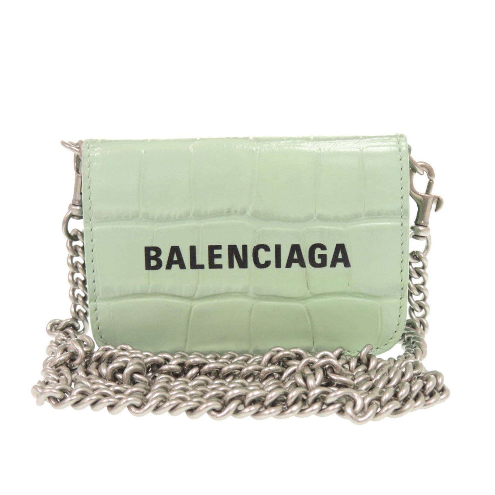 Chain Leather Wallet Shoulder: Chain Leather Wallet Shoulder Chain Leather Wallet Shoulder in Green. This Italian-made Balenciaga shoulder wallet features embossed leather and a chain strap, showcasing a stylish and modern design. 