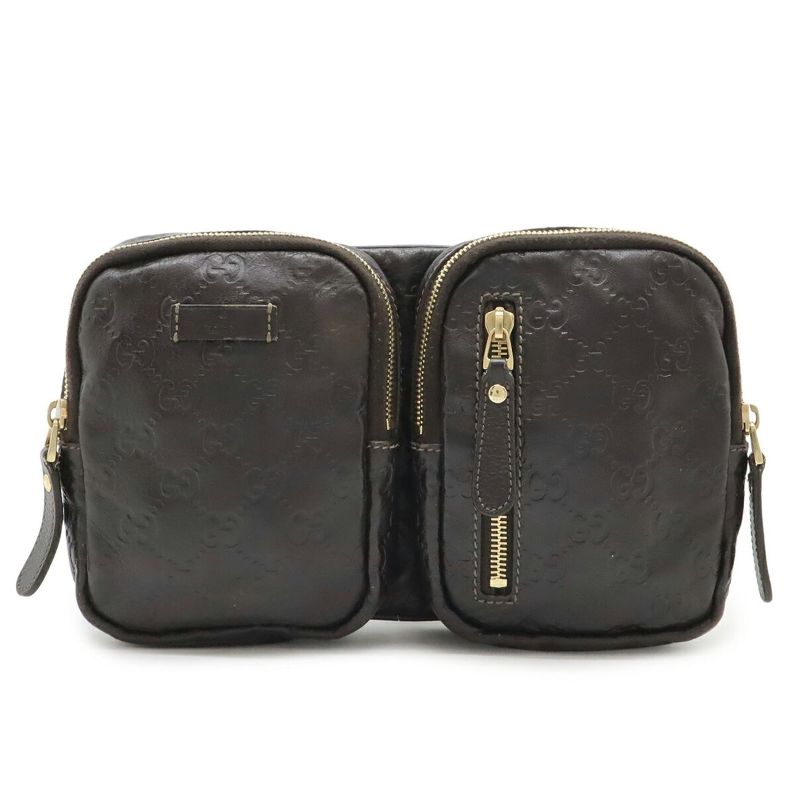 Fanny Leather Pack Gucci Pouch: Fanny Leather Pack Gucci Pouch Dark brown leather fanny pack with a classic design, measuring 16cm x 25cm. The Gucci Country of Origin and Italian craftsmanship are evident in the high-quality