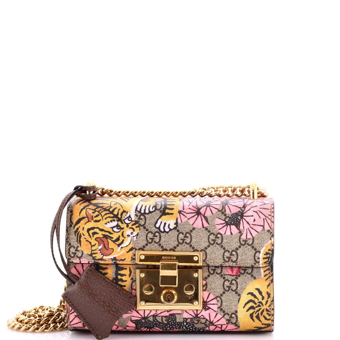 Padlock Bengal Print Bag Canvas Coated GG Small Gucci: Padlock Bengal Print Bag Canvas Coated GG Small Gucci The Gucci Padlock Bengal Print Bag is a stylish and functional shoulder bag with a canvas-coated exterior and microfiber interior. Its brown