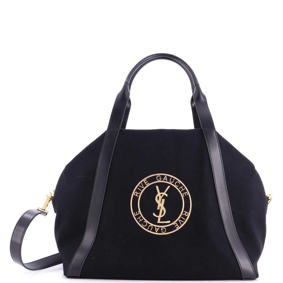 Canvas Rive Gauche Bag Saint Laurent Embroidered Bowling: Canvas Rive Gauche Bag Saint Laurent Embroidered Bowling Canvas Rive Gauche Bag Saint Laurent Embroidered Bowling - A timeless, black canvas bowler bag with gold hardware, featuring a classic Saint