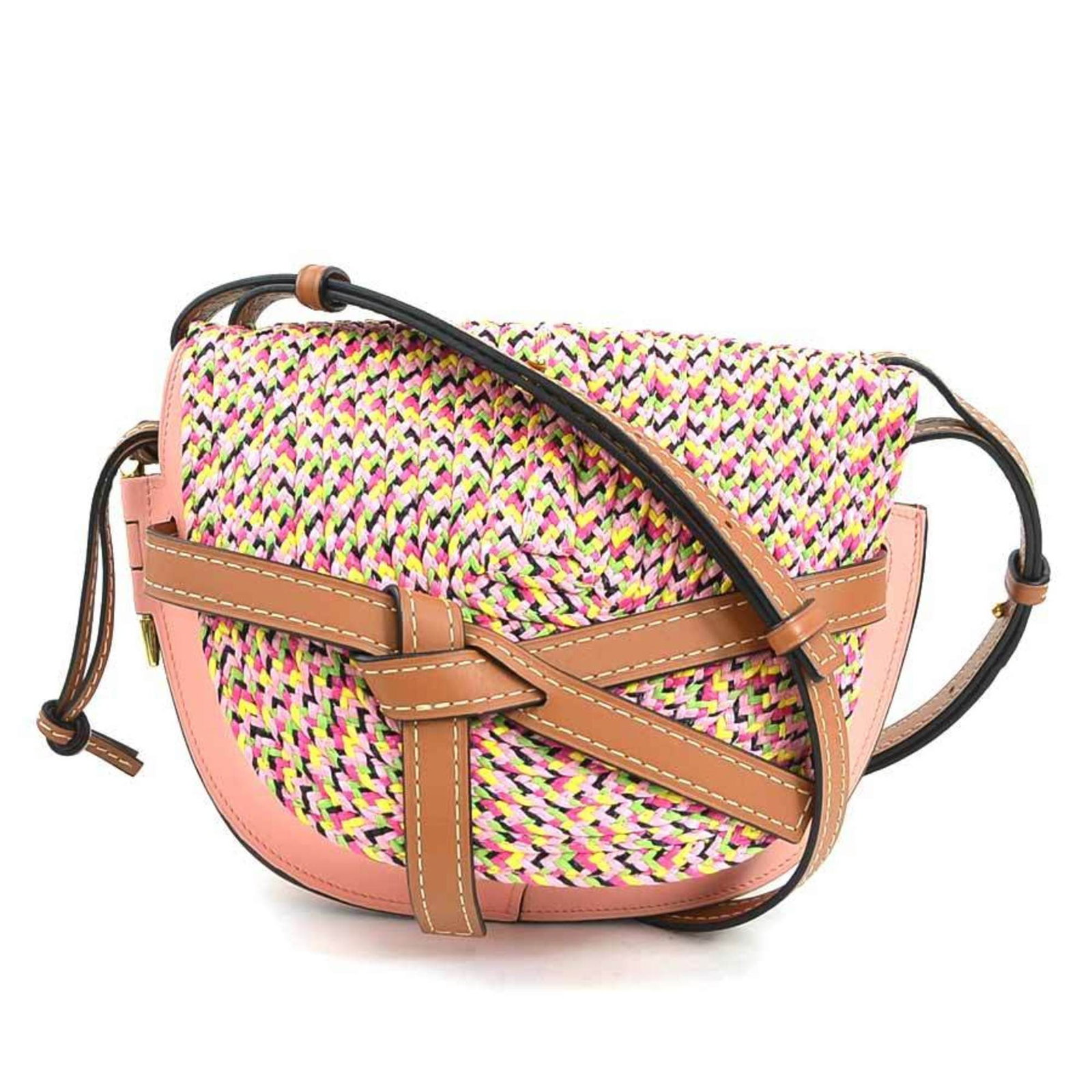 Shoulder Bag Leather Raffia Loewe: Shoulder Bag Leather Raffia Loewe This multi-color, pink shoulder bag from Loewe features a unique blend of leather and raffia materials, showcasing the brand's signature style. The bag's compact