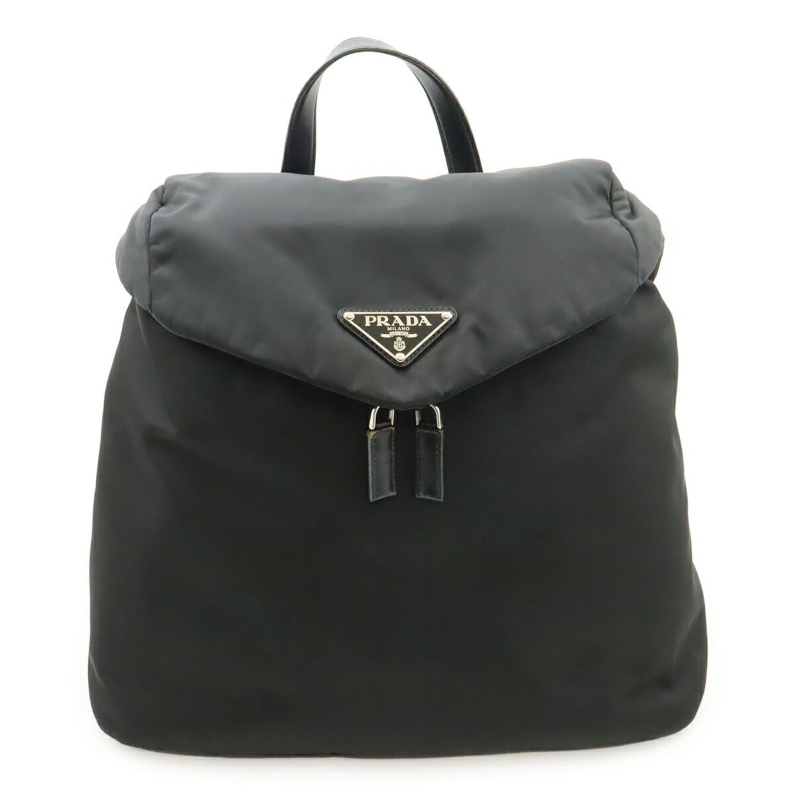 Backpack Nylon Leather Prada: Backpack Nylon Leather Prada Black, Nero Prada backpack made from a combination of nylon and leather, featuring a distinctive design. The backpack measures 34cm x 39.5cm x 14cm and has a sleek, compac